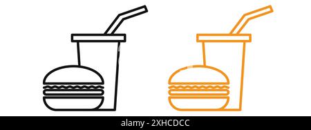 Icona della tazza di hamburger e bibite analcoliche simbolo vettoriale o set di insegne con contorno bianco e nero Illustrazione Vettoriale