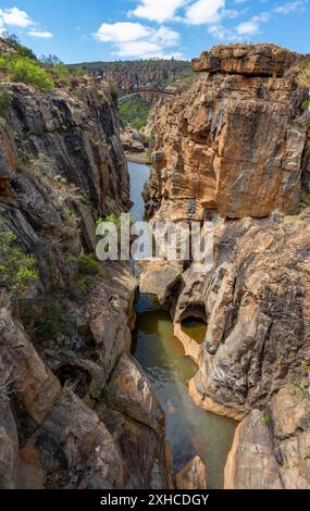 Passeggia su un canyon con ripide scogliere color arancione e il fiume Blyde, Bourke's Luck Potholes, Panorama Route, Mpumalanga, Sudafrica Foto Stock