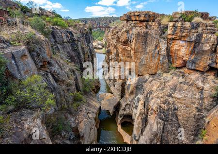 Passeggia su un canyon con ripide scogliere color arancione e il fiume Blyde, Bourke's Luck Potholes, Panorama Route, Mpumalanga, Sudafrica Foto Stock