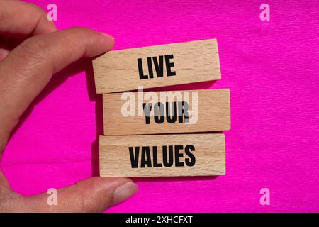 Vivi i tuoi valori parole scritte su blocchi di legno con sfondo rosa. Simbolo dei valori concettuali in tempo reale. Copia spazio. Foto Stock