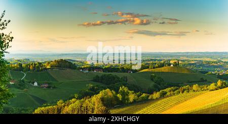 Tramonto sul paesaggio dei vigneti della Stiria meridionale a Steiermark, Austria. Splendida destinazione tranquilla da visitare per il famoso vino bianco. Tra Foto Stock