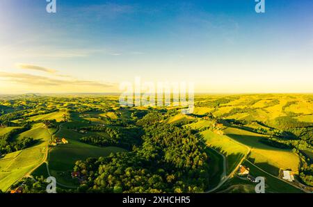 Tramonto meraviglioso su splendidi vigneti verdi. Panorama aereo al tramonto sulle colline austriache in primavera. Cultura del vino nel sud della stiria, toscana Foto Stock