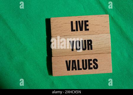 Vivi i tuoi valori parole scritte su blocchi di legno con sfondo verde. Simbolo dei valori concettuali in tempo reale. Copia spazio. Foto Stock