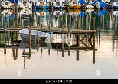 Ammira lo Steinhuder Meer con un molo e il porto turistico di Steinhude, bassa Sassonia, Germania Foto Stock