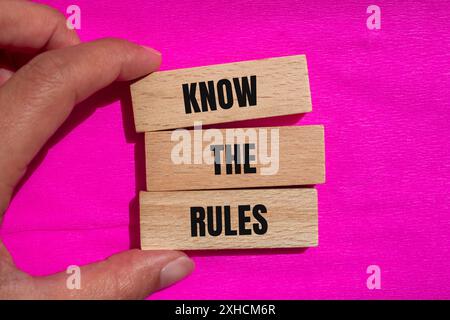 Conoscere le regole scritte su blocchi di legno con sfondo rosa. Il concetto conosce il simbolo delle regole. Copia spazio. Foto Stock