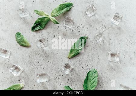 Vista dall'alto di foglie fresche di menta disposte su un tavolo con cubetti di ghiaccio in un moderno studio Foto Stock