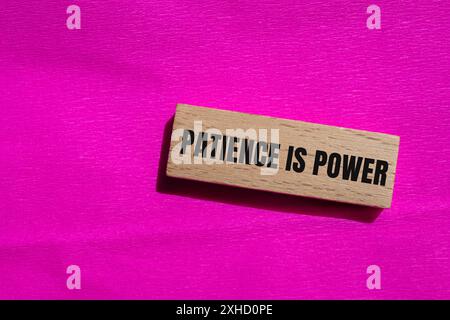 La pazienza è una parola chiave scritta su un blocco di legno con sfondo rosa. La pazienza concettuale è il simbolo del potere. Copia spazio. Foto Stock