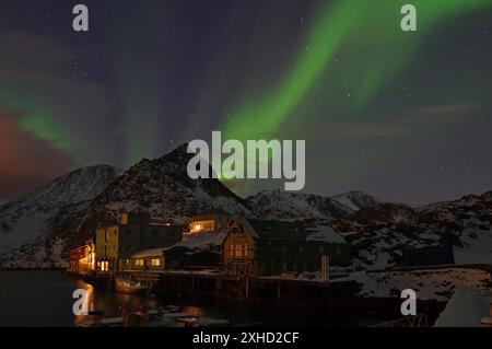 Scena notturna con l'aurora boreale nel cielo, montagne sullo sfondo e case illuminate sull'acqua, porto, inverno, Nyksund, Langoya Foto Stock