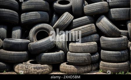 Una grande pila di vecchi pneumatici usati per auto. Foto Stock