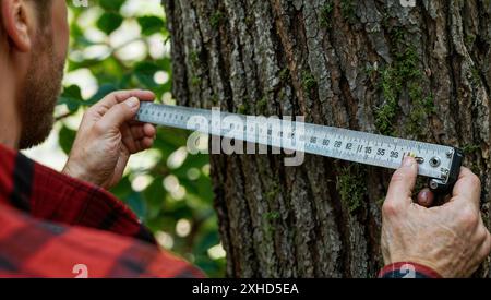 vista delle mani dell'uomo che misurano lo spessore di un ramo d'albero con un righello. Foto Stock