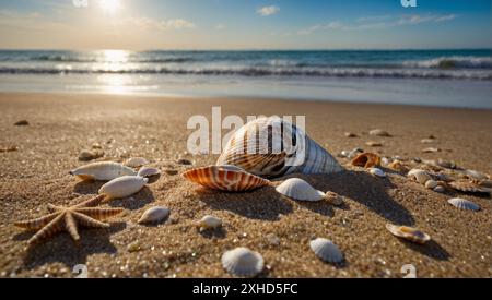 Conchiglie di mare bagnate su una spiaggia di sabbia. Foto Stock