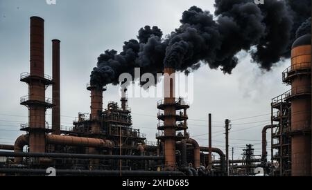 Tubi di fabbrica con fumo nero in uscita Foto Stock