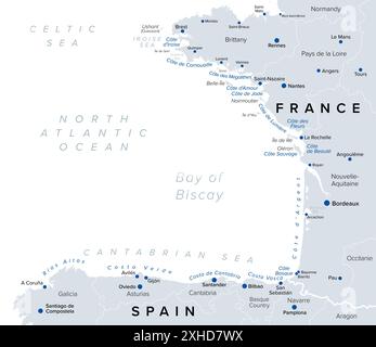 Baia di Biscaglia, nomi turistici di spiagge e coste del Golfo di Guascogna, mappa politica. Golfo dell'Atlantico settentrionale, a sud del Mar Celtico. Foto Stock