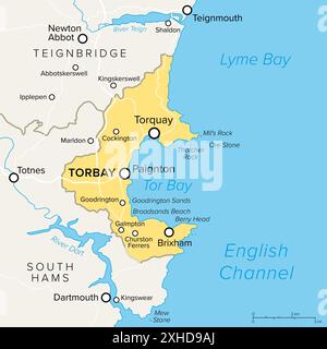 English Riviera a Torbay, Inghilterra, mappa politica. Geopark e popolare destinazione turistica intorno alla Baia di Tor sul Canale della Manica. Foto Stock