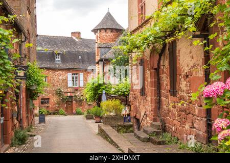 Collonges-la-Rouge, Francia - 19 giugno 2024: Case rosse e piante verdi viste dalla strada di Collonges-la-Rouge in Francia, Corrèze Foto Stock