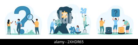 Cercare la risposta corretta al set di domande. Le persone più piccole scelgono i pulsanti croce e segno di spunta per fare clic nel sondaggio, ricercano il punto interrogativo attraverso la lente di ingrandimento, offrono un'illustrazione vettoriale del cartone animato dell'idea del puzzle Illustrazione Vettoriale