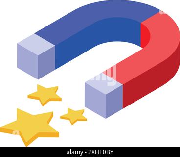 Magnete che attrae stelle, rappresentando il concetto di magnetismo in uno stile isometrico Illustrazione Vettoriale