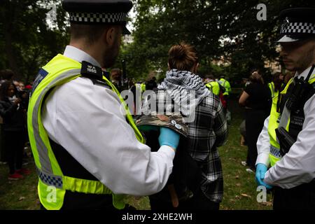 Londra, Regno Unito. 13 luglio 2024. Un agente di polizia perquisisce lo zaino di un dimostrante durante la manifestazione. Una dimostrazione della domanda giovanile si è tenuta a Russell Square. Una sezione 11 della legge sull'ordine pubblico è stata emessa dalla polizia metropolitana che consente agli agenti di perquisire chiunque all'interno di un'area prescritta. Credito: SOPA Images Limited/Alamy Live News Foto Stock