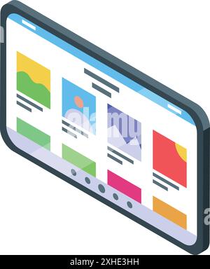 Tablet moderno che mostra l'app della galleria fotografica con miniature colorate e tecnologia digitale Illustrazione Vettoriale