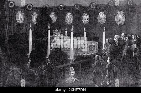 Il duca di Wellington si trova nello stato al castello di Walmer, 1852 (incisione in legno) Foto Stock