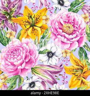 Motivo di fiori senza cuciture ad acquerello. Motivo floreale acquerello con peonie, gigli, anemoni su sfondo blu per tessuto, tessuto, invito, c Foto Stock