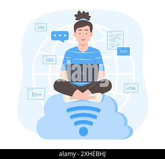 Programmatore donna seduto sul Cloud Computing Symbol e Process Coding for software Development Concept Illustration Illustrazione Vettoriale