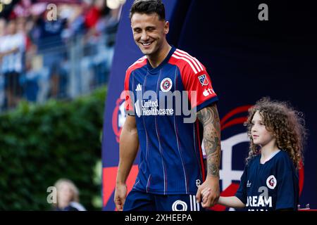 Stadio Gillette. 13 luglio 2024. Massachusetts, USA; l'attaccante della New England Revolution Giacomo Vrioni (9) sorride prima di una partita di calcio della Major League tra la New England Revolution e l'Orlando City SC al Gillette Stadium. (c) Burt Granofsky/CSM/Alamy Live News Foto Stock