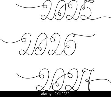 2025 2026 2027 Data di Capodanno disegnata a mano con una linea continua. Set di 3 elementi di progettazione isolati. Schede vettoriali, poster, banner, brochure, prezzo, etichetta o web, promozione o stampa, concetto tessile Illustrazione Vettoriale
