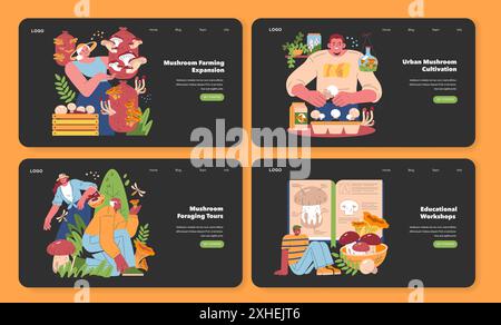 Set per la coltivazione di funghi. Coltivazione di funghi al chiuso e all'aperto, attività di foraggiamento e laboratori didattici illustrati. Illustrazione vettoriale. Illustrazione Vettoriale