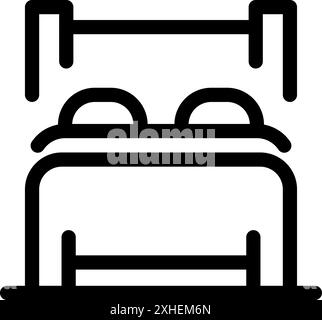 Semplice letto matrimoniale con cuscini e baldacchino che rappresenta l'icona della camera su sfondo bianco Illustrazione Vettoriale