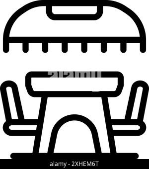 Mobili da caffè con tavolo e sedie in piedi sotto un grande ombrello Illustrazione Vettoriale