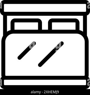 Semplice icona in bianco e nero di un letto doppio con cuscini, perfetta per rappresentare l'arredamento delle camere d'hotel Illustrazione Vettoriale
