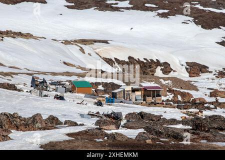 Capanne e capannoni nel campo di caccia/pesca sulla spiaggia di Frobisher Bay ad Apex, Nunavut, Canada Foto Stock