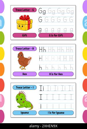 Scrittura di lettere. Impostare la pagina di traccia. Scheda pratica. Foglio di lavoro per bambini. Imparare l'alfabeto. Personaggi carini. Illustrazione vettoriale. Stile cartone animato. Illustrazione Vettoriale