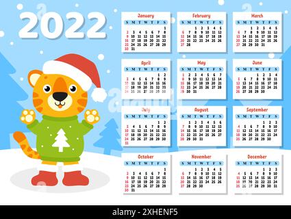 Calendario per il 2022 con una tigre carina simbolo del nuovo anno. Design divertente e luminoso. Illustrazione vettoriale di colore isolato. stile cartoni animati. Illustrazione Vettoriale