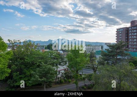 Vista dai terreni del castello di Morioka, Iwate, Giappone, all'inizio della primavera Foto Stock