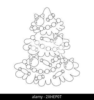 Albero di natale decorato. Pagina di libri da colorare per bambini. Personaggio in stile cartoni animati. Illustrazione vettoriale isolata su sfondo bianco. Illustrazione Vettoriale