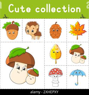 Set di adesivi con simpatici personaggi dei cartoni animati. Clipart autunnale. Disegnato a mano. Confezione colorata. Illustrazione vettoriale. Collezione di patch badge. Design etichetta el Illustrazione Vettoriale