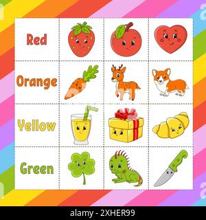 Colori di apprendimento. Flashcard per bambini. Simpatici personaggi cartoni animati. Set di immagini per preschooler. Foglio di lavoro Education. Illustrazione vettoriale. Illustrazione Vettoriale