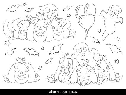Set di elementi per zucche di Halloween, fantasmi, pipistrelli. Colorare la pagina del libro per i bambini. Personaggio stile cartoon. Illustrazione vettoriale isolata sul retro bianco Illustrazione Vettoriale