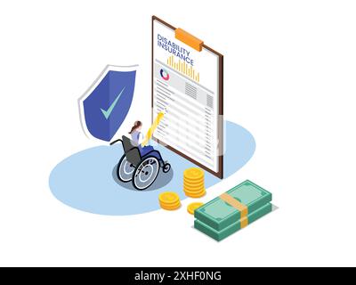 Concetto di vettore di assicurazione invalidità. Uomo d'affari disabili seduto su sedia a rotelle e modulo di assicurazione per la disabilità Illustrazione Vettoriale