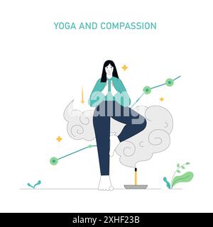 Concetto di terapia incentrata sulla compassione. Illustrazione di una donna tranquilla che pratica yoga, incarna consapevolezza e pace interiore. Consapevolezza della salute mentale e cura di sé. Illustrazione vettoriale. Illustrazione Vettoriale