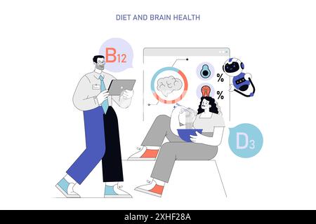 Concetto di neuroplasticità. Salute del cervello legata alla dieta, che mostra un medico, nutrienti e un paziente che mangia. Cure neurologiche e importanza della vitamina. Illustrazione vettoriale. Illustrazione Vettoriale