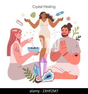 Concetto di medicina alternativa. Guarigione olistica con cristalli accompagnati da un uomo meditatore e mescolare le erbe. Pratiche di benessere spirituale. Illustrazione vettoriale. Illustrazione Vettoriale