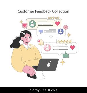 Concetto di strategia digitale. Donna d'affari che analizza il feedback dei clienti online con stelle ed emoticon. Gestione della reputazione del marchio. Illustrazione vettoriale. Illustrazione Vettoriale