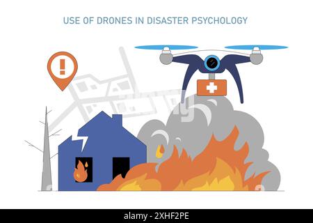 Concetto di psicologia del disastro. Un drone vola sopra una casa inghiottita di fiamme per fornire aiuto. Risposta alle emergenze e integrazione del supporto psicologico. Illustrazione vettoriale. Illustrazione Vettoriale