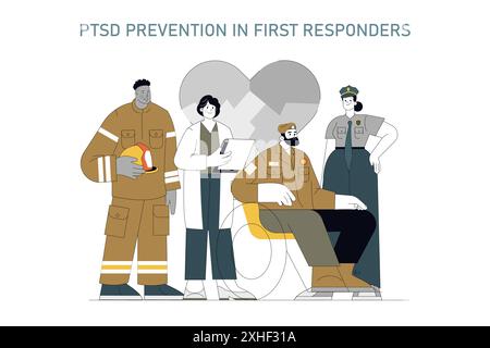 Concetto di prevenzione del PTSD. Illustrazione di soccorritori focalizzati sul supporto alla salute mentale e sulla gestione proattiva dello stress. Unità e resilienza tra gli equipaggi di emergenza. Illustrazione vettoriale. Illustrazione Vettoriale