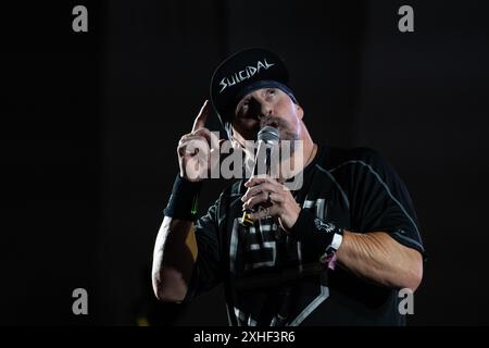 13 luglio 2024, San Paolo, SÃ£o Paulo, Brasile, Brasile: Mike Muir dei Suicidal Tendencies si esibisce sul palco durante l'Esquenta Rock Fun Festival 2024 al Centro Esportivo TietÃª il 13 luglio 2024, a San Paolo/SP, Brasile. (Foto di Leandro Bernardes/PxImages) (immagine di credito: © Leandro Bernardes/PX Imagens via ZUMA Press Wire) SOLO PER USO EDITORIALE! Non per USO commerciale! Foto Stock