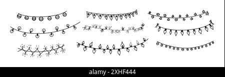 Disegnare pennant disegnati a mano nel set di illustrazioni vettoriali. Icone grafiche in stile doodle raffiguranti decorazioni natalizie su corde e bastoncini sulla schiena bianca Illustrazione Vettoriale