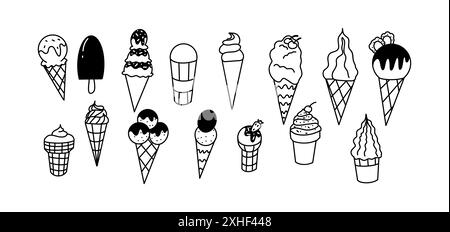 I gelati con coni di wafer le icone vettoriali della linea doodle si legano su sfondo bianco. Set illustrazioni monocromatiche trafilate a mano per dessert freddi Illustrazione Vettoriale